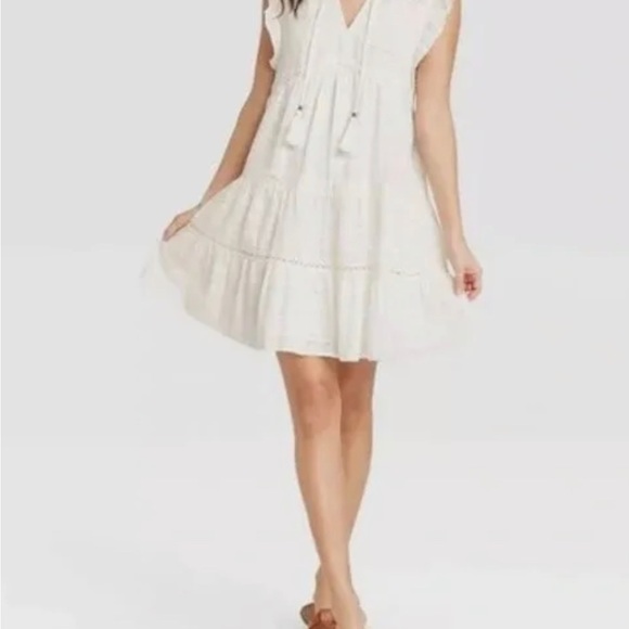 NWT KNOX ROSE WHITE SHORT FLUTTER SLEEVE TIERED BOHO PEASANT SHIFT DRESS - Picture 5 of 8
